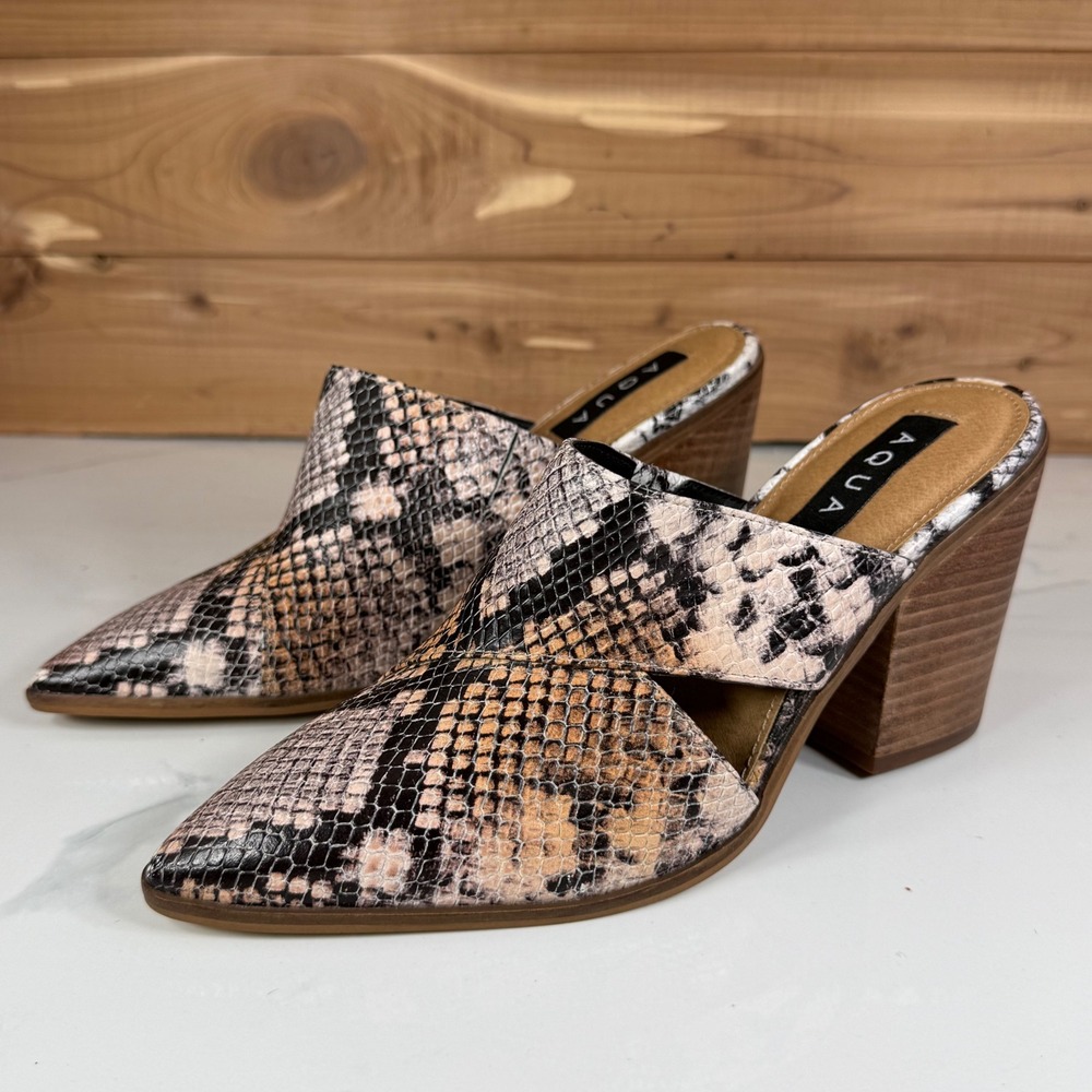 AQUA Sage Snakeskin Embossed Leather Pointed Toe Block Heel Mules Woemns 8M